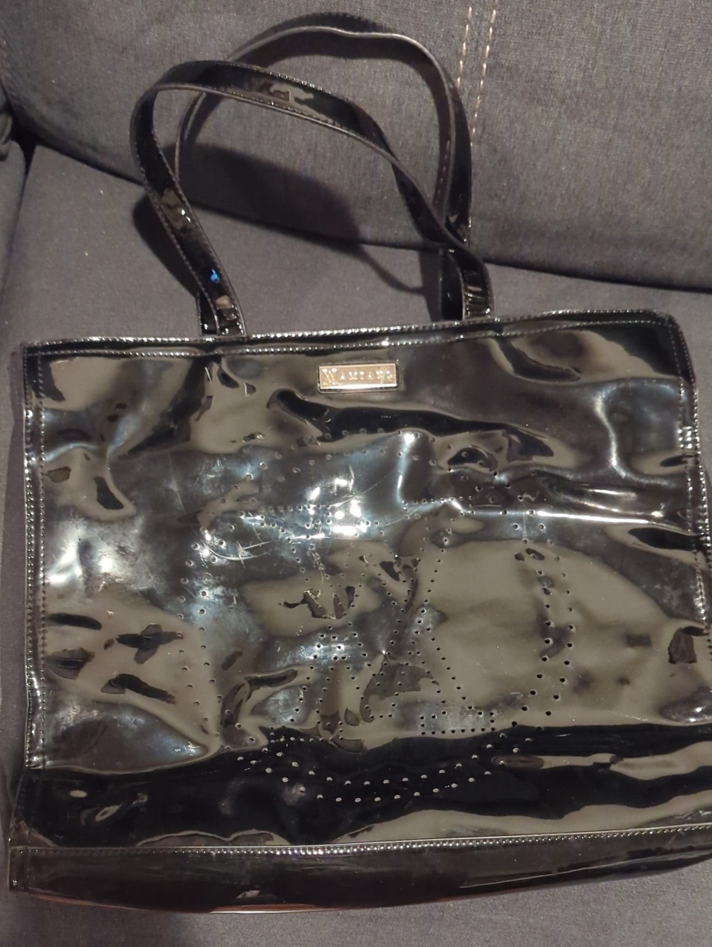Aldo Glossy Black Patent Tote with Perforated Detail